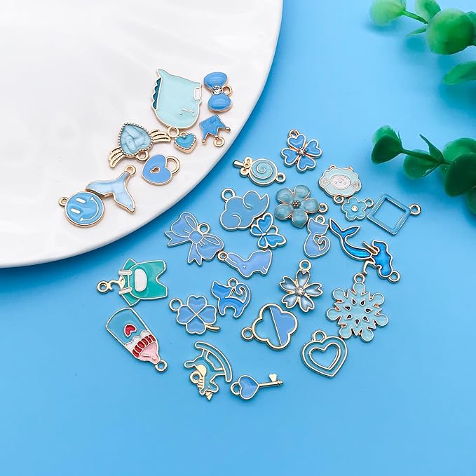 Youdiyla 60pcs Alloy enamel lake blue series fixed set Pendant Jewelry Making DIY Keychain Earrings Pendant Various Design Charms for Jewelry Making Bracelets Necklace (HK552)