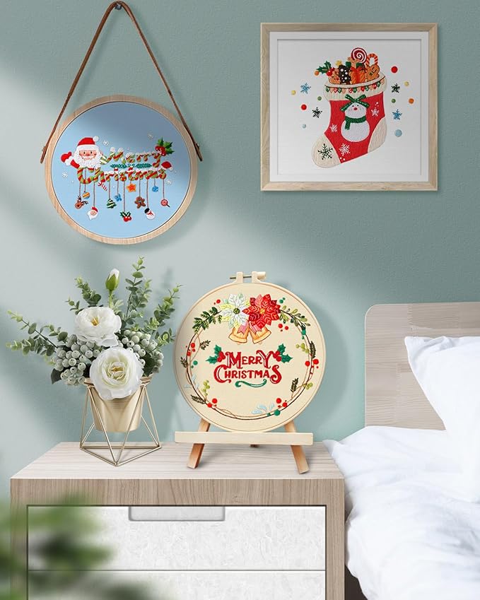 TINDTOP Christmas Embroidery Kit for Adult, 5 Pack Embroidery DIY Starter Kit, with Stamped Patterns, Hoop, Tools, Colorful Threads with Needles, Instructions