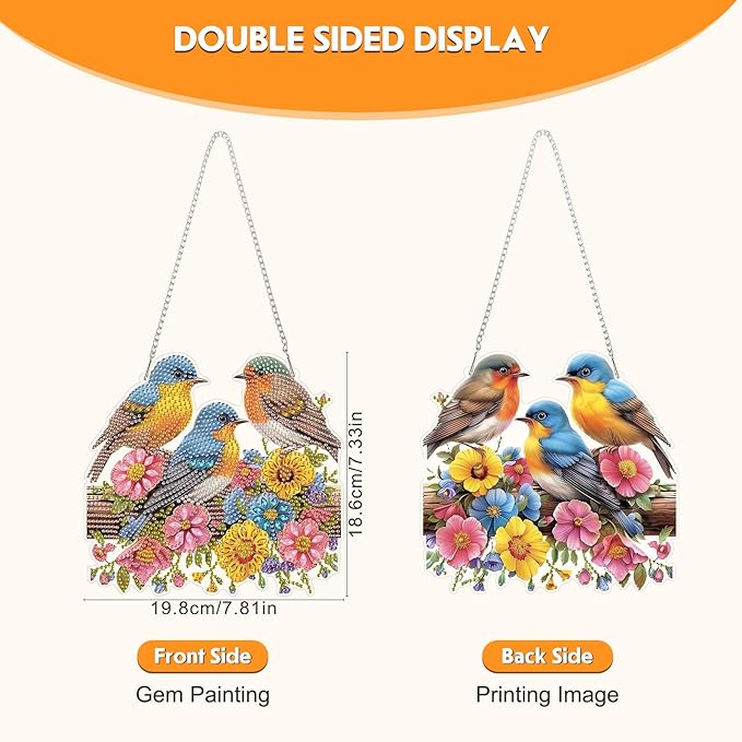 Hanging Diamond Art Kit for Adult, Nature Birds, 5D Special Shaped Rhinestone Diamond Painting Ornament, Bird and Flowers, DIY Acrylic Diamond Art Painting Window Pendants Home Garden Wall Decor