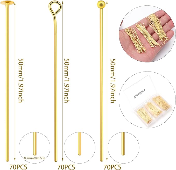 210 Pcs 50mm/1.97 Inch Head Pins for Jewelry Making Straight Ball Eye Pin for DIY Christmas Styles Craft Earring Bracelet Necklace Pendant Making (Mixed Pins,Gold Color)