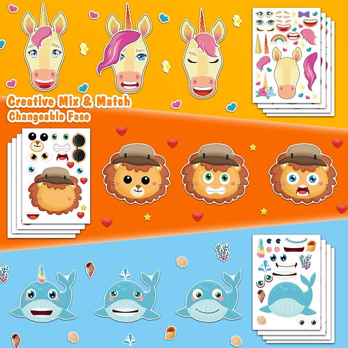 aowplc 48 sheets make-a-face animal stickers mix and match for kids party favors supplies activities crafts