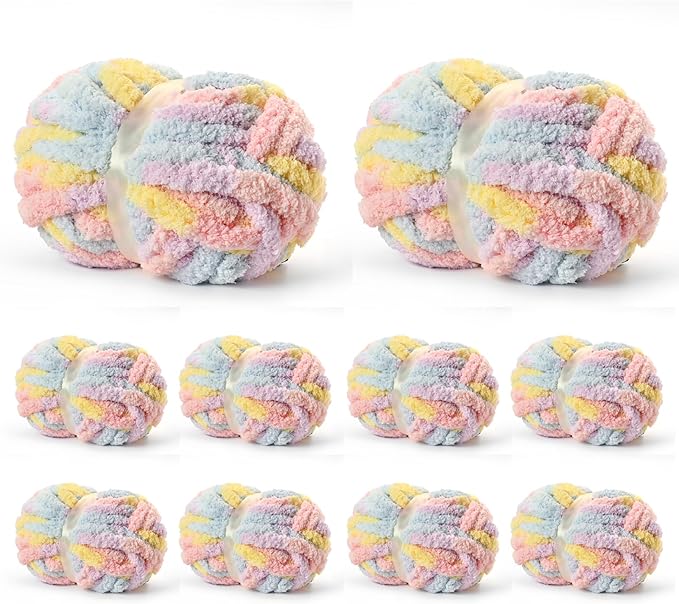 10 Pack Jumbo Chunky Yarn for Hand Knitting, Fluffy Variegated Chunky Chenille Yarn for Crocheting, 240yds/70.5oz Super Bulky Soft Crochet Baby Blanket Yarn(Macaron)