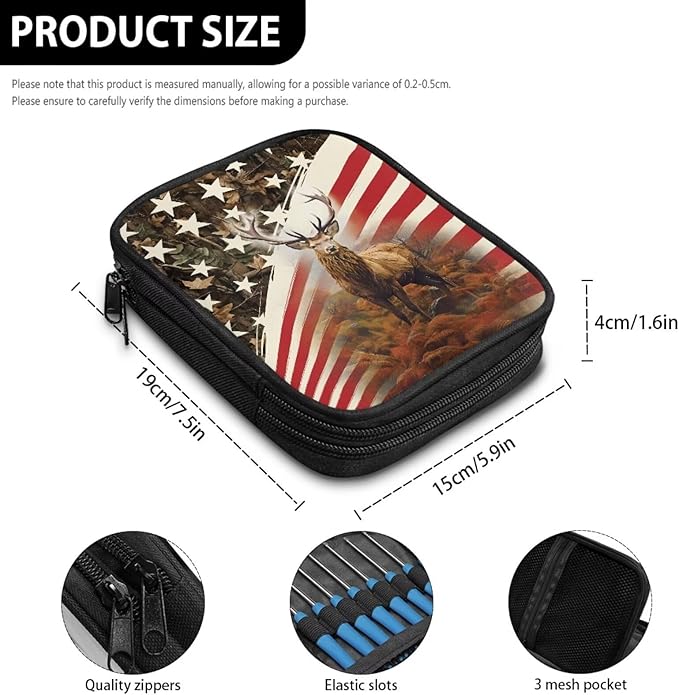 Hechitok American Flag Deer Print Crochet Hooks Case Zipper Bags Portable Crochet Storage Bag with Web Pocket and Crochet Holder Slots for Carrying Various Crochets Needles