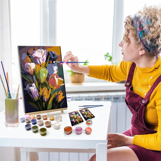 JOOZ Paint by Numbers Kit for Adults Flowers Paint by Number with Frame Floral Paint by Number with Easel Tulip Digital Oil Painting Kits for Gift Home Wall Decor 7.87x11.81 Inch