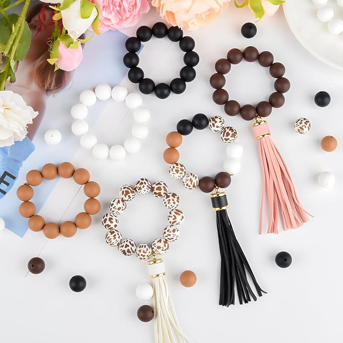 ASTARON 100 Pcs 15mm Silicone Beads for Keychain Making, Cow Brown White Round Beads Bulk for Bracelets Crafts Beadable Pens Decorations Jewelry Making Supplies