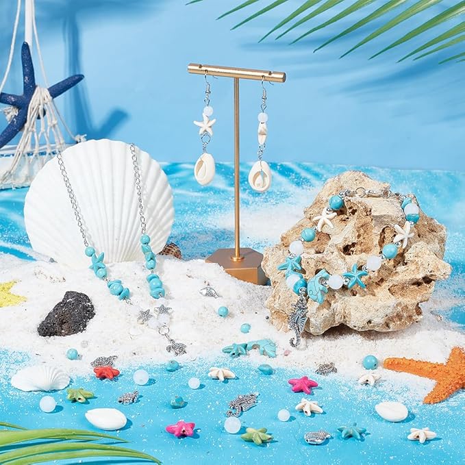 PH PandaHall Ocean Jewelry Making Kit - Starfish, Seashell, Synthetic Turquoise, Tortoise, Fish, Cowrie Shell Beads for Summer Beach Necklace, Earring, Bracelet, Anklet Jewelry Making (406pcs)