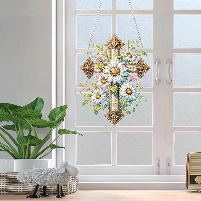 RYMILIE Diamond Art Hanging Kit for Adult,Special Shaped Rhinestone,Double Sided 5D DIY Acrylic Diamond Art Painting Window Pendants Home Garden Wall Hanging Kits Hanging Ornament (Cross)