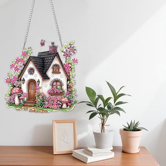 NAIMOER Diamond Art Hanging Kits for Adults House Flower 5D Special Shaped Rhinestone, DIY Acrylic Diamond Art Painting Window Pendants Home Garden Wall Hanging Ornament Kits, Double Sided