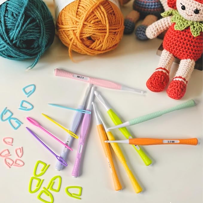 Araeknotta Small Crochet Hooks Set with Stitch Markers, Yarn Needles - 8 Sizes (2.5mm, 3mm, 3.5mm, 4mm, 4.5mm, 5mm, 5.5mm, 6mm) -Ergonomic Plastic Crochet Hook Needles for Arthritic Hands