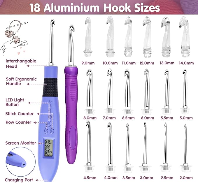 Light up Crochet Hook Set with Stitch Counter Crochet Kit with 18 Different Size Interchangeable Crochet Needle,Ergonomic with 2 Levels Led and Digital Stitch Counter for Crocheting and Knitting