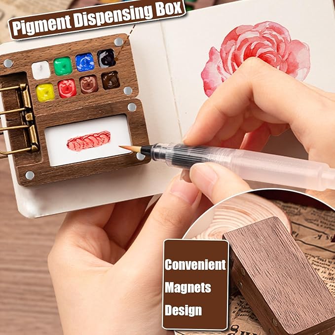 Mini Travel Watercolor Set Pocket Artist Watercolor Travel Set Grid Palette Box Sketch Book Brush Pens With Binder Clips For Painters Artists Students