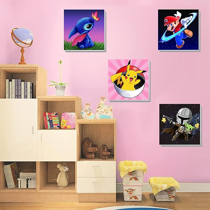 KOJEFCV 4 Pack Cartoon Paint by Numbers for Kids with Framed Canvas-with Wooden Easel, Paint by Number for Kids Ages 4-8-12, DIY Easy Acrylic Oil Painting Kits for Home Wall Decor (8X8inch)