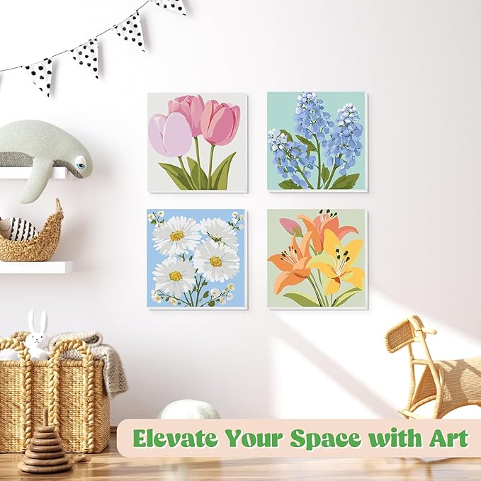 Lxmsja 4 Pack Gentle Garden Paint by Numbers Kit for Adults, Easy Framed Paint by Numbers for Adults Beginner, DIY Acrylic Oil Painting Craft Kits for Home Wall Decor 8x8 inch