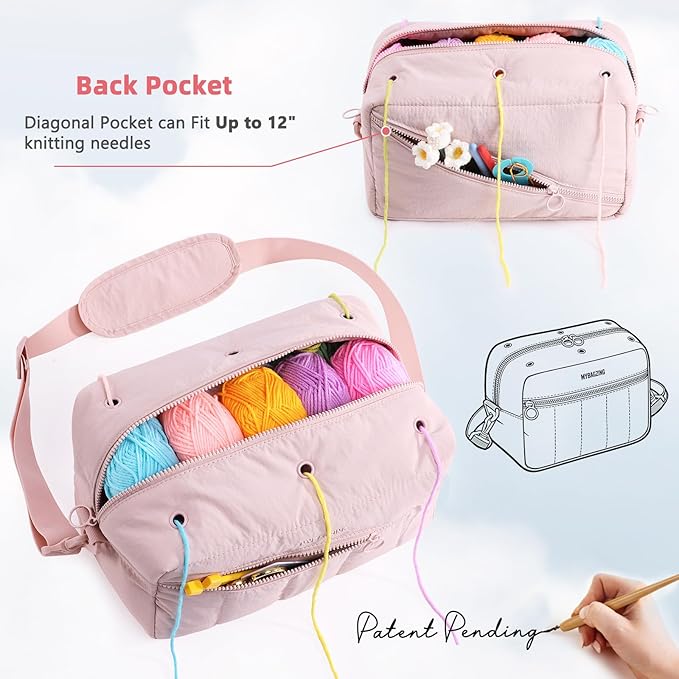 MYBAGZIGN Crochet Bag Organizer for Yarn & Hooks, Large Capacity Yarn Storage Bag with Yarn Holder Holes, Portable Crochet & Knitting Bag for Crocheting on The Go, Craft Travel Bag Gifts for Women