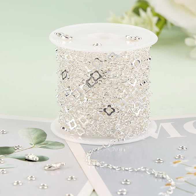 KYUNHOO 16.4 FT/5M Four Leaf Clover Chains for Crafts Silver Jewelry Making Chain Roll on Bulk with Clasps for Women DIY Supply Jewelry Findings