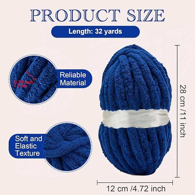 Chunky Yarn for Hand Knitting, Jumbo Chunky Yarn for Crocheting, Chunky Chenille Yarn, 1 Pack (32 yds 8.5 oz Each Skein),#7, Navy
