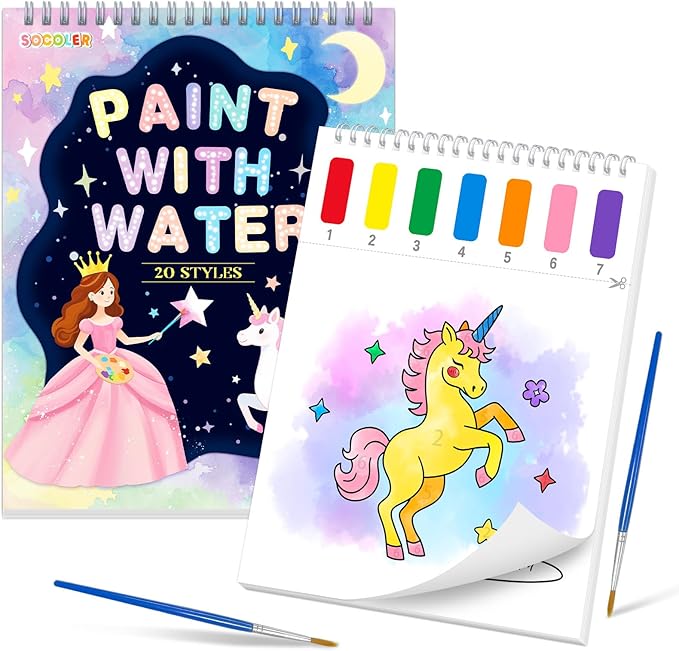 SOCOLER Paint with Water Coloring Books for Kids,Unicorn Theme Mess Free Watercolor Painting Papers Sets for Toddlers,Water Color Paint Kit,Art Craft Birthday Gift for Ages 1-3, 4-8