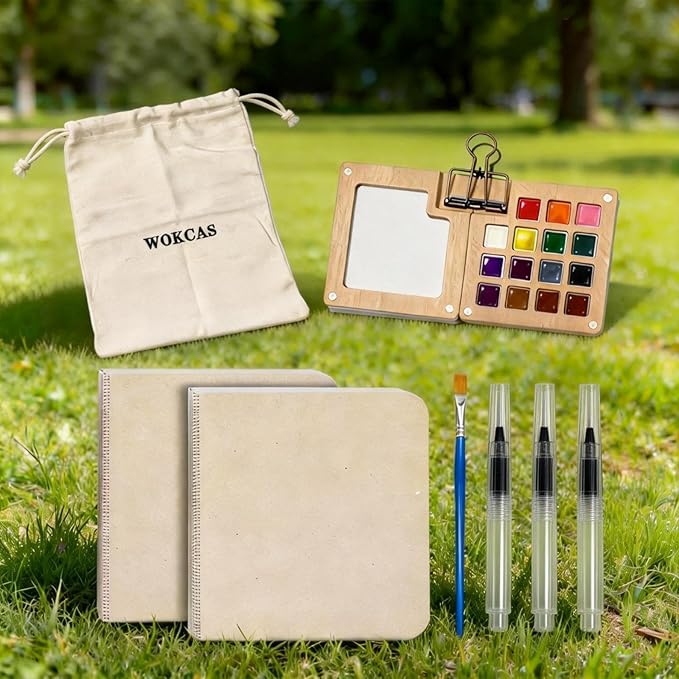 Mini Watercolor Paint Set - Mini Paint Palette Travel Kit, Portable Artist Palette Sets with 24 Colours, 2 Books, Pens, Binder Clips, Storage Bag, Watercolor Travel Kit for Beginners, Artists & Painting Enthusiasts (15 Grids)
