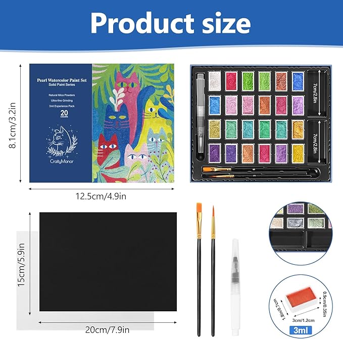 3ml Glitter Watercolor Paint Set with Paper, 24 Colors Shimmer Metallic Watercolour Painting Sets, Solid Pearl Water Color Paints, Matisse Style (Matisse 24Colors-L)