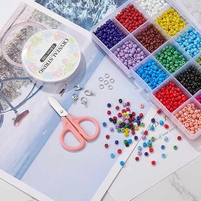 1950 Pcs 4mm Glass Seed Beads Bracelet Making Kit, Small Beads Friendship Jewelry Craft Kit with Lobster Clasps, Jump Rings & Elastic Cord, DIY Art Craft Gift for Girls