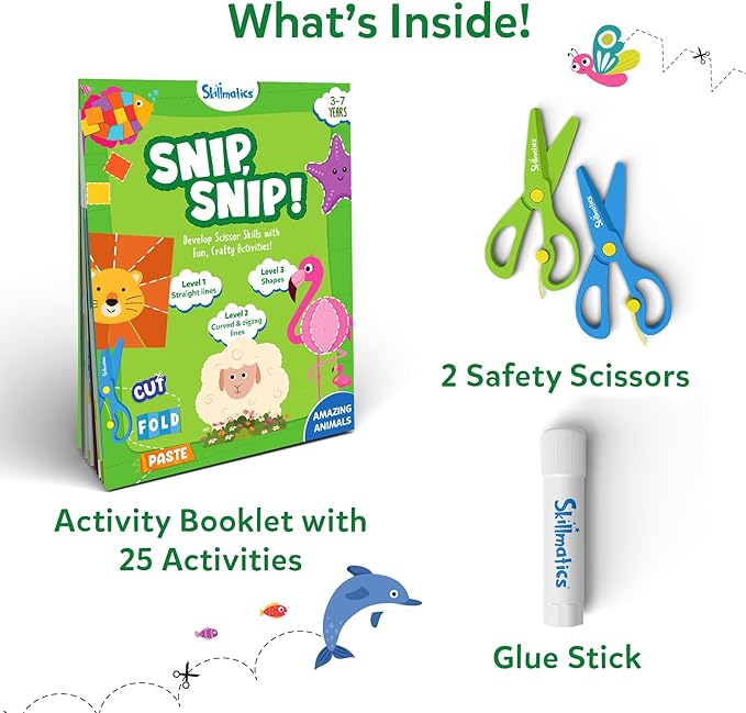 skillmatics scissor skills activity book - snip snip animals, 25 fun cutting & creative activities for preschoolers, 2 child-safe scissors, felt craft kit, gifts for kids ages 3, 4, 5, 6, 7