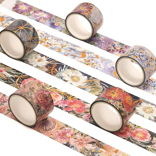 YUBBAEX Blooming Washi Tape Set Gold Foil Masking Tape Peony Wide Decorative for Arts, DIY Crafts, Journal Supplies, Planners, Scrapbook, Card/Gift Wrapping -25mm- (Purple Flowers)