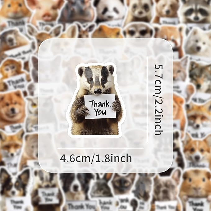 50Pcs Funny Animal Thank You Stickers for Small Business, Thankful Vinyl Waterproof Stickers, Small Business Packaging Supplies & Thanksgiving Gifts