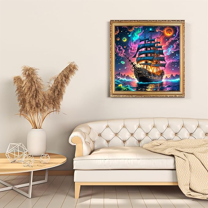 Pirate Ship Diamond Art Kits for Adults, 5D Diamond Painting for Beginners, Diamond Dot, Small Dimond Art Paintings Kit, Gem Painting Kit, Crafts for Adults, DIY Home Wall Decor Gifts 14x14inch