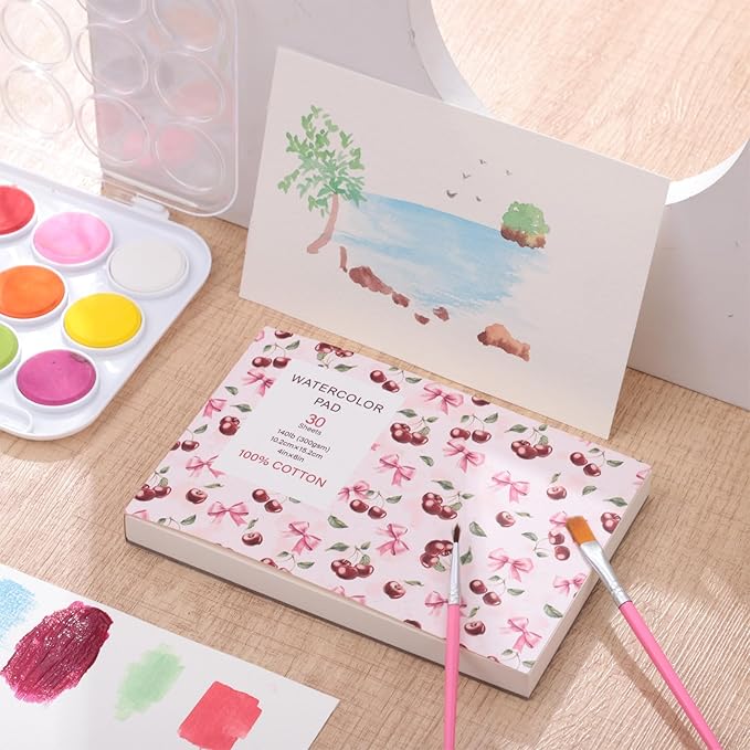 30 Sheets Watercolor Paper Pad with 2 Pcs Watercolor Brush, 140 lb/300 GSM Watercolor Paper Cold Press Tearable Water Color Pad for Art Painting, Drawing, Mixed Media(4x6 Inch)