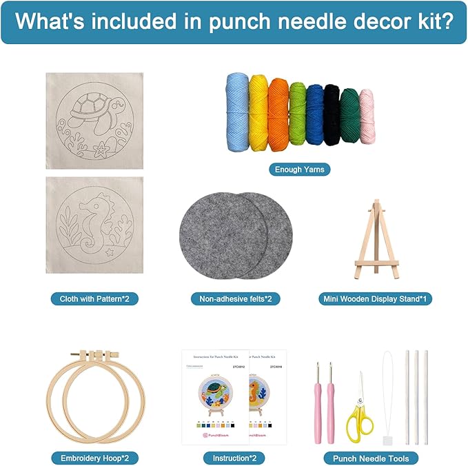 Punch Needle Kit for Beginner, 2-Pack Turtle & Sea Horse Punch Embroidery Starter Set with Instructions – Yarn Needle Punch Craft for Xmas Gift Idea & Home Wall Decor