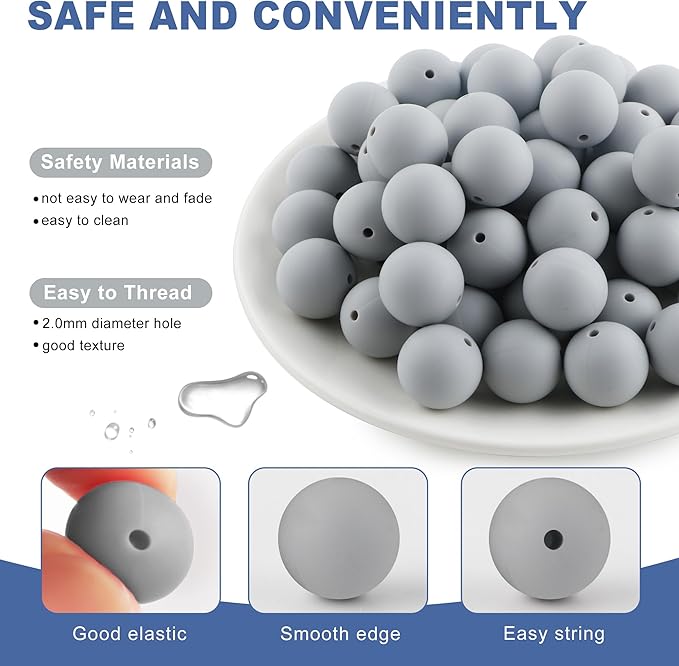 65Pcs 19mm Silicone Beads for Keychain Making Bracelet Necklace, Bulk Round Silicone Beads for Pens(Light Gray)