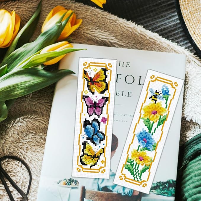 ORIGACH 6 Pcs Cross Stitch Bookmark Kit for Beginner Adults, Flowers and Butterflies Stamped Embroidery Bookmark Kit with Instruction for Starters Printed Cross Stitch DIY Kits for Book Lovers