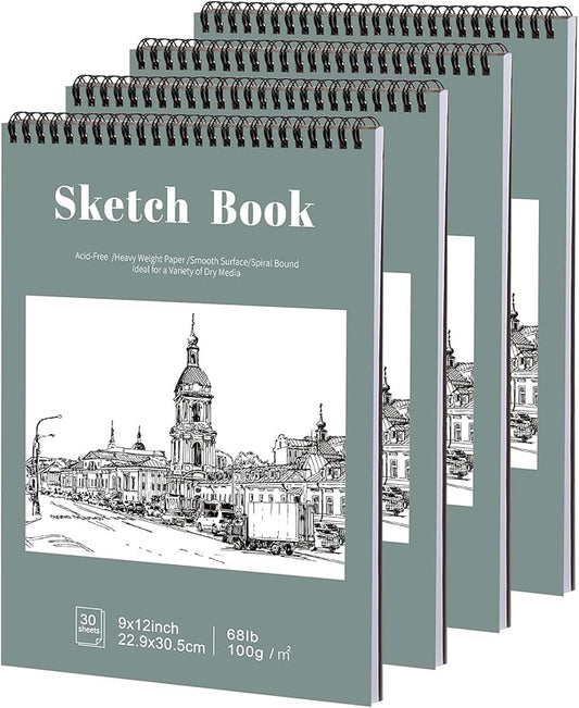 4 pack sketch book, 9 x 12 inch sketchbook, 68lb/100gsm top spiral bound sketch pad, acid free art supplies drawing painting sketching paper for kids, adults, beginners, artists (30 sheets each)