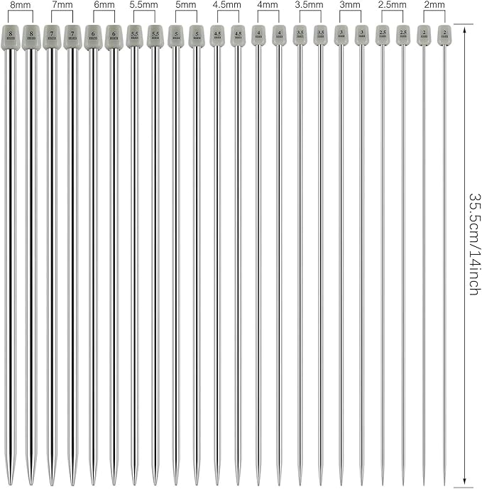 Hysagtek 22 Pcs Knitting Needles Set, 14 Inches Stainless Steel Straight Single Pointed Knitting Needle Kit Metal Knitting Kit in Different Sizes 2.0mm to 8.0mm, with Gift Organizer Bag, 11 Pairs