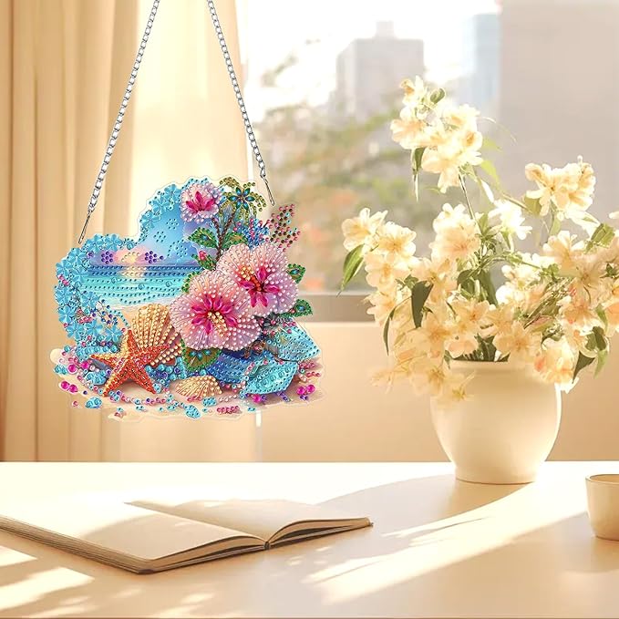 AIRDEA Hanging Diamond Painting Kits Heart,Special Shaped Diamond Art Kits for Beginner Beach and Flowers Gem Art Pendant Decor,7.87x7.08in