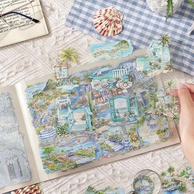 Transparent PET Summer Landscape Sticker Book for Journaling, 20 Sheets Large Pre-Cut Scenery Stickers for Scrapbooking Supplies, Collage Decorative, 9.25 x 6.58 inches