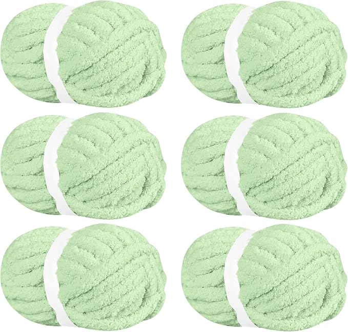 Chunky Chenille Yarn for Hand Knitting,Fluffy Soft Jumbo Yarn by Circular Needle & Crochet Hook,Super Bulky Big Yarn for Chunky Blanket,Large Thick Arm Knitting,6 Pack,Sage Green