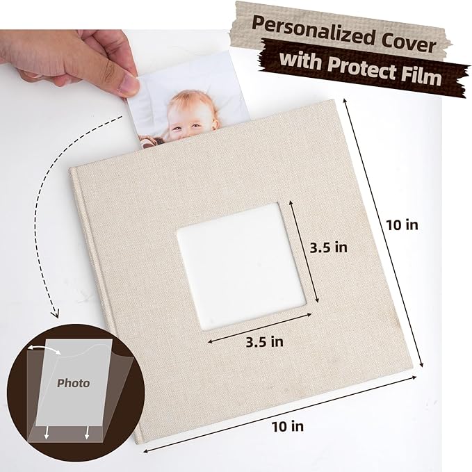 Scrapbook Album, 10"x10" DIY Photo Album with Square Window Linen Cover Kraft Paper 32 Sheets, Stylish Memory Book for Wedding, Anniversary, Family, Travel, Beige