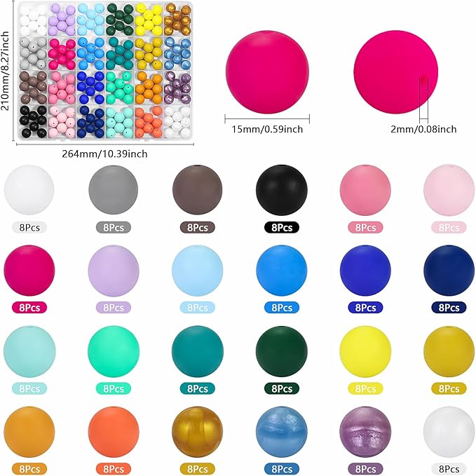 192pcs silicone beads 15mm for keychain making kit, 24 colors focal rubber beads neatly organized, round colorful bead, bulk for pens, diy, necklace, bracelet making kit, jewelry, art crafts