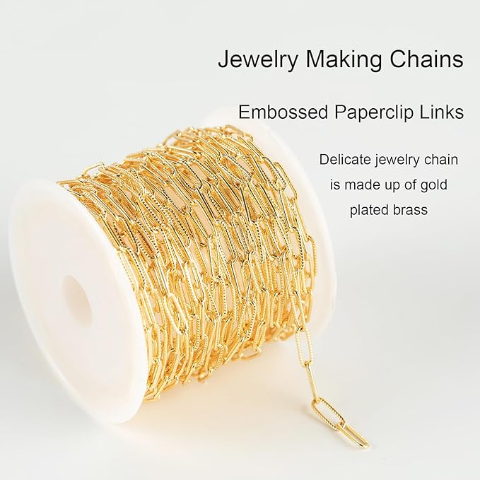 Jabogrii 16.4 Feet Embossed Paperclip Chain for Jewelry Making Gold Plated Brass Necklace Bracelet Chain Bulk Soldered Jewelry DIY Roll
