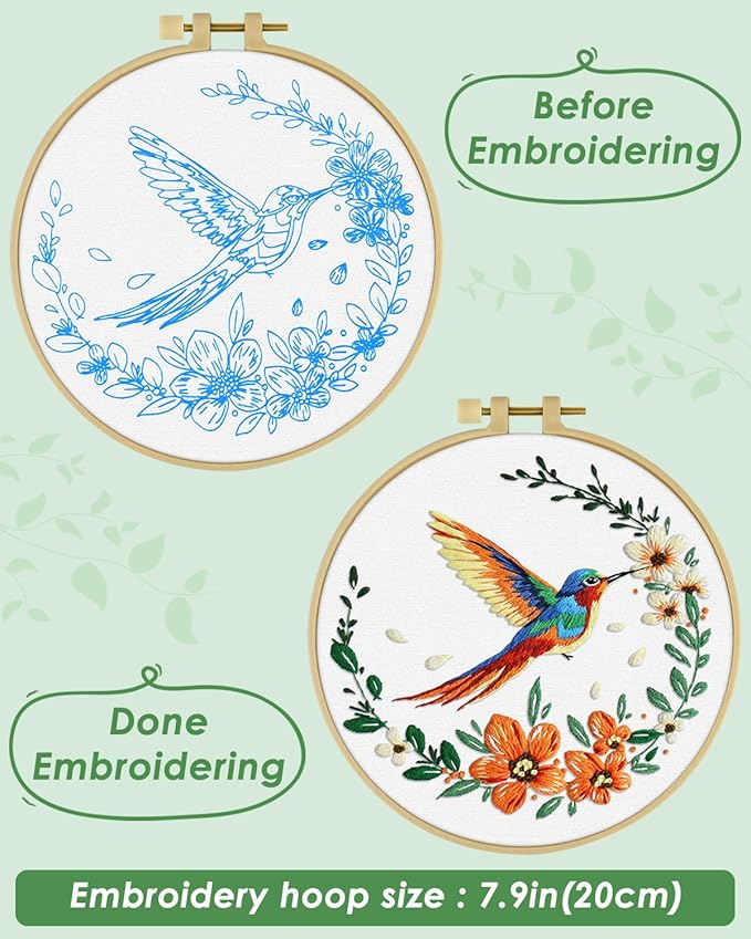 ERKOON Embroidery Kit for Beginners, Hummingbird and Flower Cross Stitch Set for Include Embroidery Cloth Hoops Threads for Craft Lover Hand Stitch (Colorful Hummingbird)