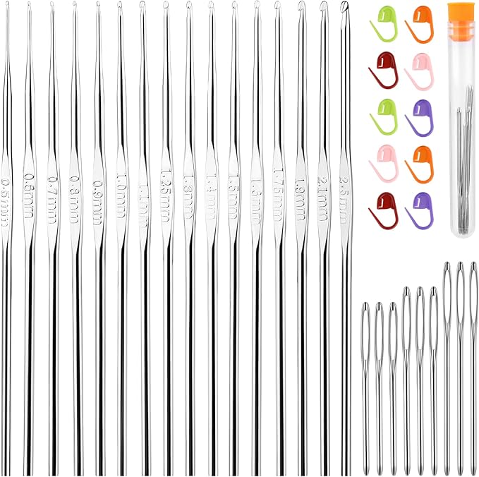 MORFEN 16 Pcs Lace Crochet Hooks Set, 0.5mm-2.5mm Small Crochet Hooks, Crochet Needles for Crocheting Yarn, Knitting Needles Set with Large-Eye Blunt Needles Stitch Markers