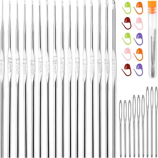 MORFEN 16 Pcs Lace Crochet Hooks Set, 0.5mm-2.5mm Small Crochet Hooks, Crochet Needles for Crocheting Yarn, Knitting Needles Set with Large-Eye Blunt Needles Stitch Markers