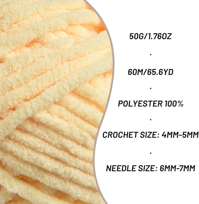 Plush Chenille Chunky Crochet Yarn - Baby Yarn for Crocheting Soft - Velvet Yarns Knitting for Blankets Crafts - Fluffy Amigurumi Yarns 50g / 65.6yd (Yellowish)