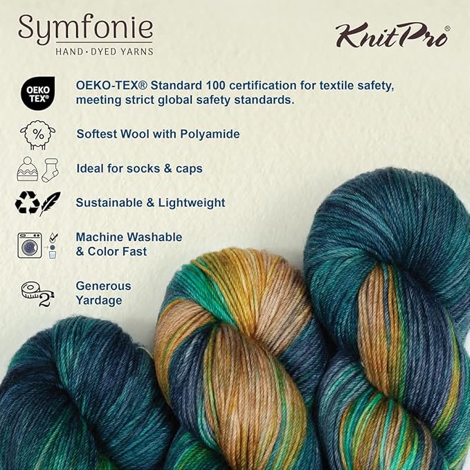 KnitPro Symfonie Fingering Weight Hand Dyed Variegated Yarn Skein | Extra Fine Merino Wool & Polyamide Blend for Knitting & Crocheting, Oeko-TEX Certified 400m, 100g | Terra Riverbank