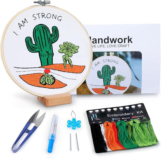 BERYA Funny Cactus Embroidery Kit with Embroidery Hoop, Easy Embroidery Kit for Beginners, Include Instructions, Display Stand, Printed Cloth, Threads and Tools - with Video Tutorials (BEC004)