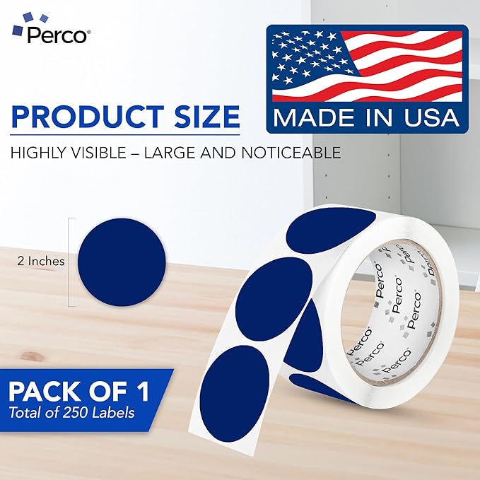 perco dark blue 2-inch perforated circle dot sticker labels — 250 round stickers per roll — with permanent adhesive for organizing, color coding, bin labeling, packaging alerts — made in usa