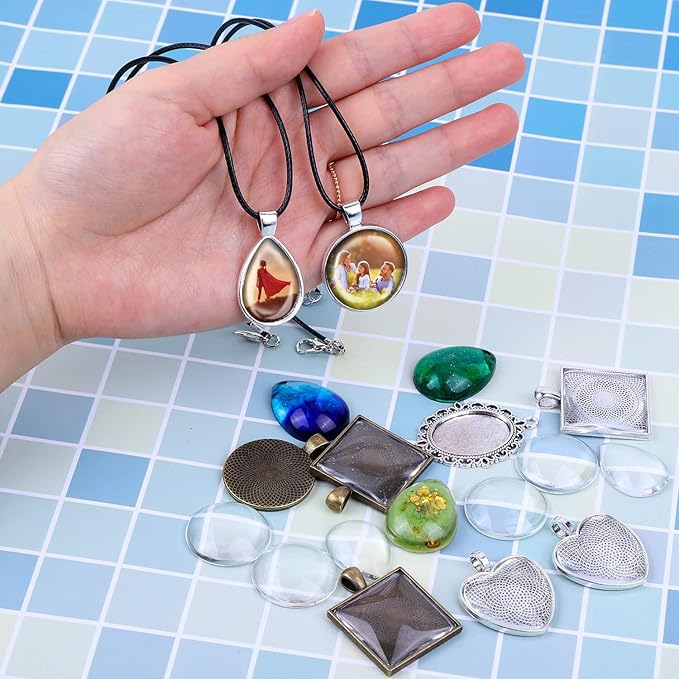 Aenezus Pendant Trays Set with Glass Cabochons for Jewelry Making - 90pcs, Includes 30pcs Bezel Pendants, 30 Glass Cabochons, 30 Necklace Cords