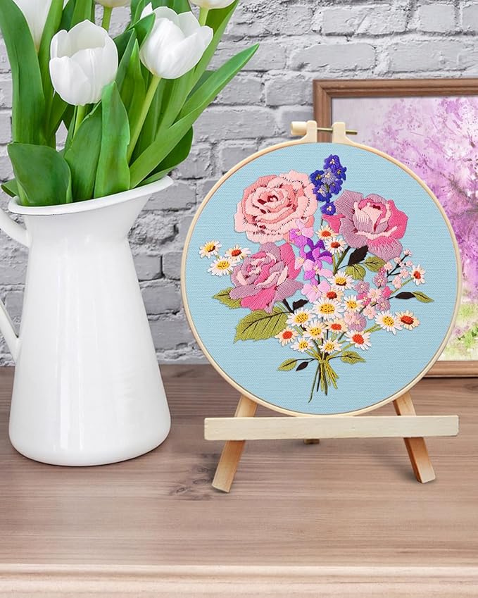 ERKOON Embroidery Kit for Beginners, Flower Cross Stitch Set for Include Embroidery Cloth Hoops Threads for Craft Lover Hand Stitch with Embroidery Skill Techniques (Bouquet)