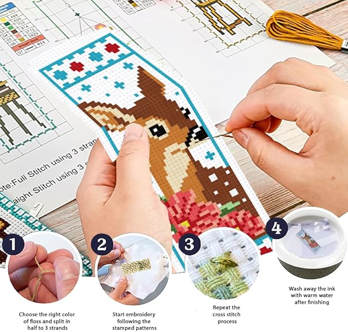 ORIGACH 6 Set Deer & Flower Cross Stitch Bookmark Kit for Beginner with Backing Felt Floss Instructions DIY Stamped Embroidery Bookmark Kit for Adults, Book Lovers